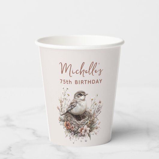 Vogelnest Terracotta Roze 75ste verjaardag Papieren Bekers (Achterkant)