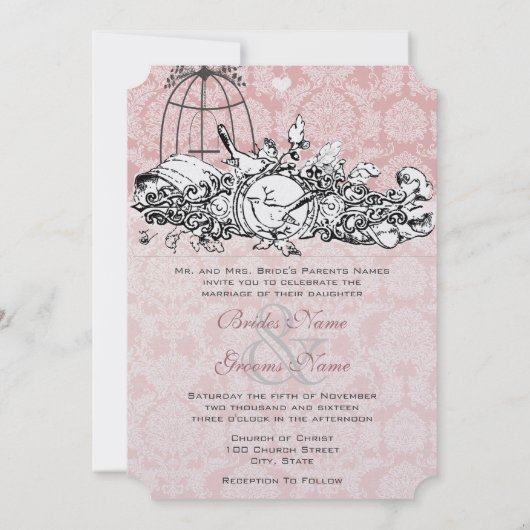  vogelpink musical Scroll Wedding Invites Kaart (Achterkant)