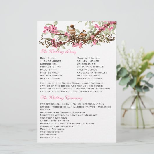  vogelpink Musical Scroll Wedding Menu (Staand voorkant)