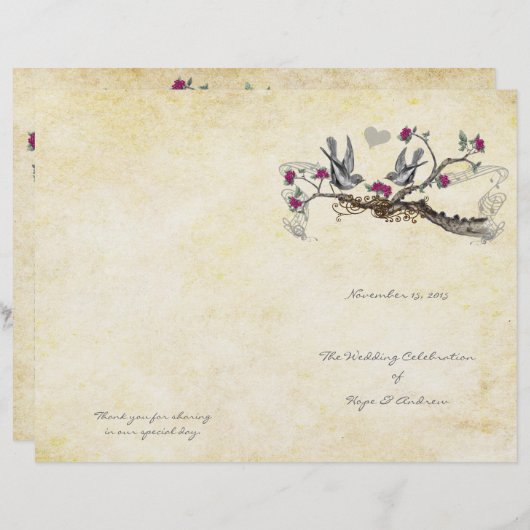  vogelprogramma Fuchsia & Gray Wedding Programme (Voorkant / Achterkant)