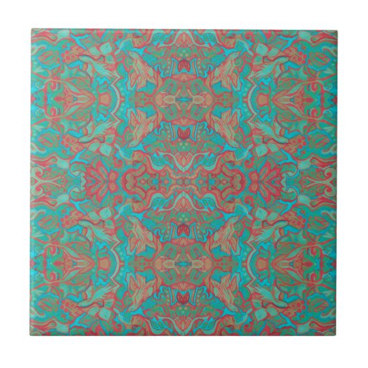 Vogels Arabesque Bohemian Boho Turquoise Red Green Tegeltje (Voorkant)