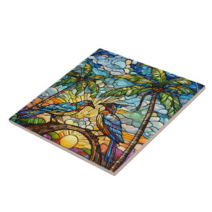 Vogels bij Sunrise Glas in lood art Tegeltje