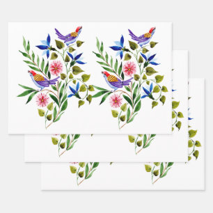 Vogels Bloemen Aquarel Verjaardag Bruiloft Feest Inpakpapier Vel
