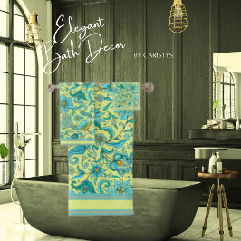 Vogels Bloemen Blauw, Geel, Taupe  Bad Handdoek