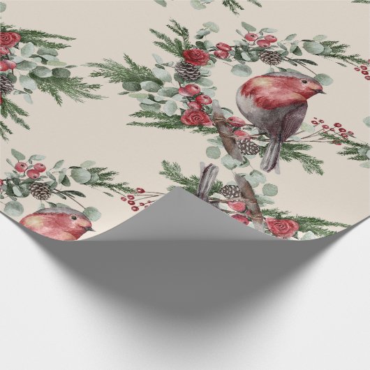 Vogels Bloemenbessen Kerstmis Cadeaupapier (Hoek)