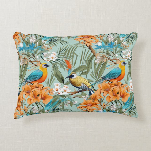 Vogels Chinoiserie Mint Sinaasappel Accent Kussen (Voorkant)