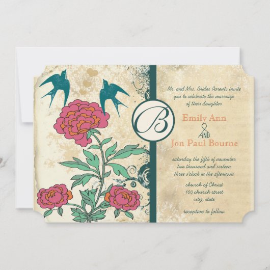  vogels Damask Roos Wedding Invites Kaart (Voorkant)