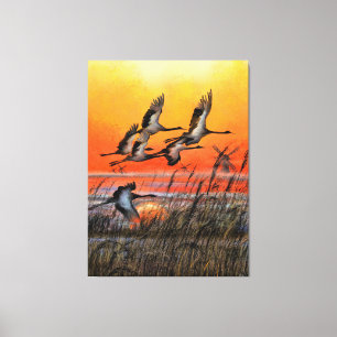 Vogels die op zonneschijnschilderwerk vliegen - Ku Canvas Afdruk
