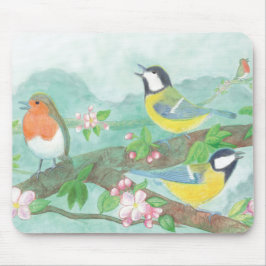 Vogels die zingen op een bloeiende boomtak in de l muismat