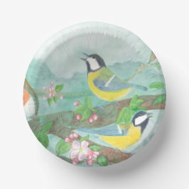 Vogels die zingen op een bloeiende tak  papieren kommen