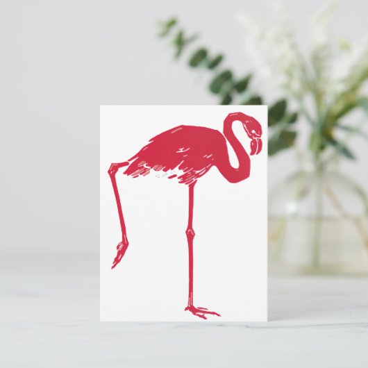 vogels, een roze flamingo met één been omhoog (Staand voorkant)
