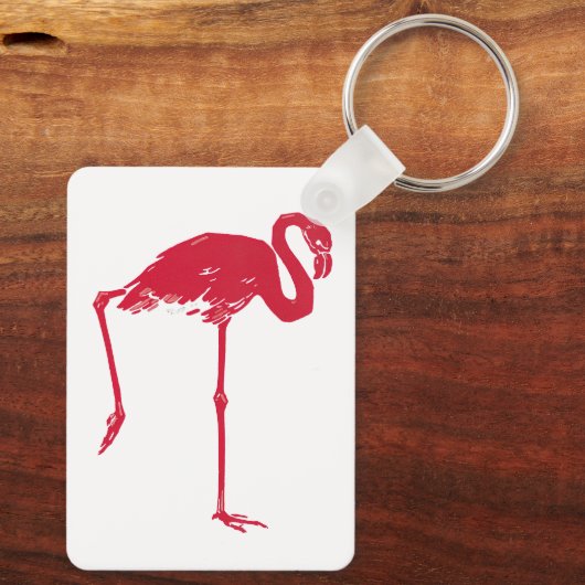  vogels, een roze flamingo met één been omhoog sleutelhanger (Achterkant)
