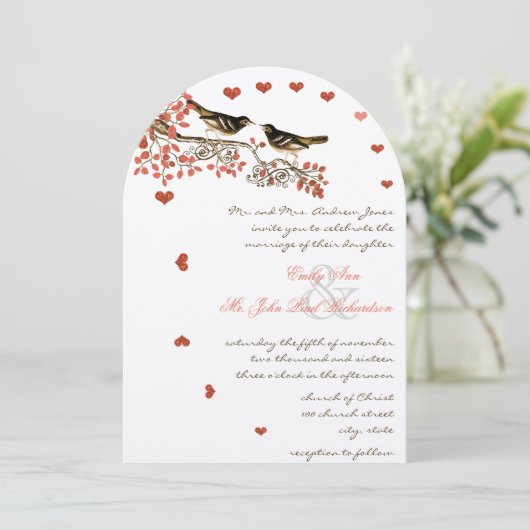  vogels Ember Glow Coral Wedding Invitations Kaart (Staand voorkant)