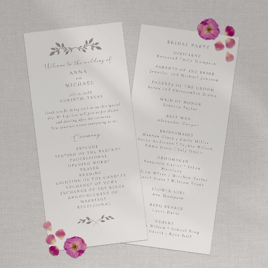 Vogels en bladeren, romantisch plat trouwprogramma programma