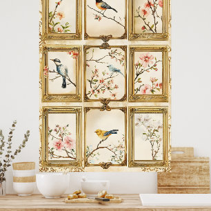 Vogels en bloeiende takken (kersen- of perzikbomen poster