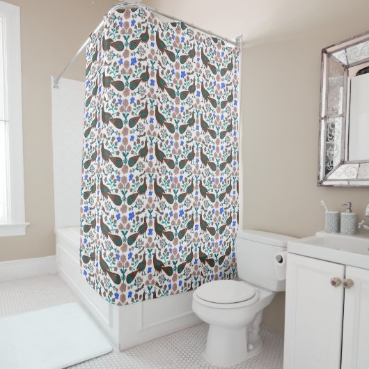 Vogels en bloemen Boho Folk Pattern Douchegordijn (In situ)
