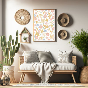 Vogels en bloemen handgetekende kunst poster