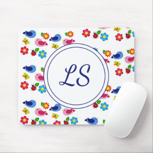 Vogels en bloemen lentepatroon wit muismat