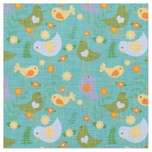 vogels en bloemen op Aqua Fabric Stof