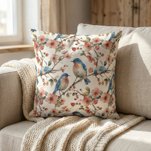Vogels en Bloemen Vintage Waterverf Kussen