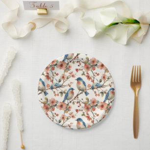 Vogels en Bloemen Waterverf Papieren Bordje