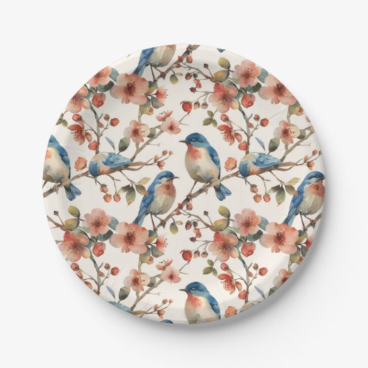 Vogels en Bloemen Waterverf Papieren Bordje (Voorkant)