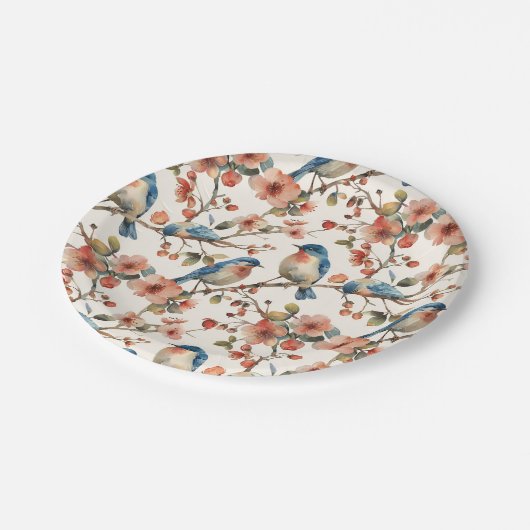 Vogels en Bloemen Waterverf Papieren Bordje (Gekanteld)