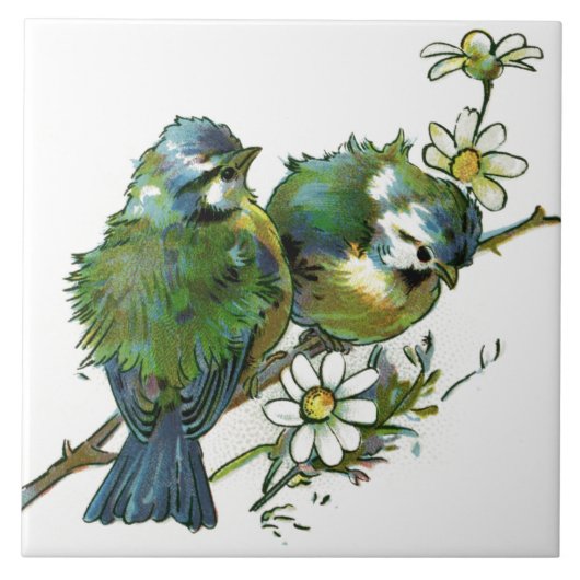 Vogels en bloemen witte keramische tegel tegeltje (Voorkant)