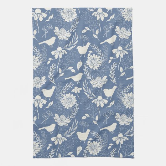 Vogels en Bloesems Blauw & Crème Theedoek (Verticaal)