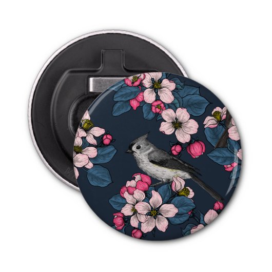 Vogels en bloesems button flesopener (Voorkant)