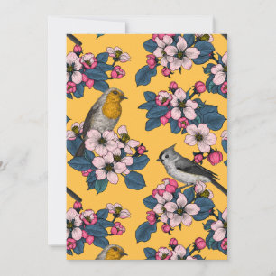 Vogels en bloesems op geel