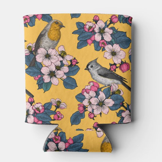 Vogels en bloesems op geel blikjeskoeler (Achterkant)