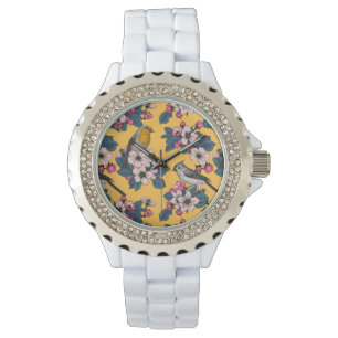 Vogels en bloesems op geel horloge