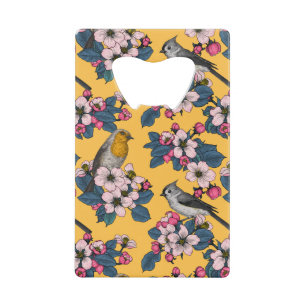 Vogels en bloesems op geel kredietkaart flessenopener
