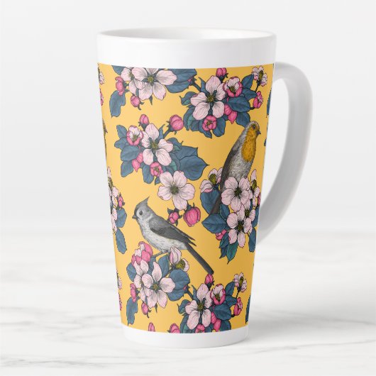 Vogels en bloesems op geel latte mok (Rechterhoek)