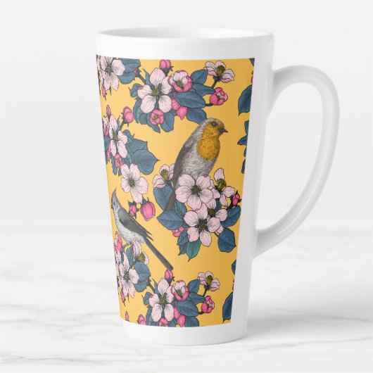 Vogels en bloesems op geel latte mok (Rechts)