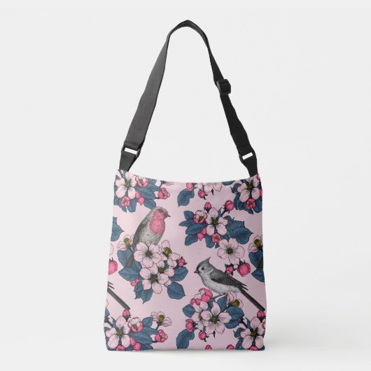 Vogels en bloesems op roze crossbody tas (Voorkant)