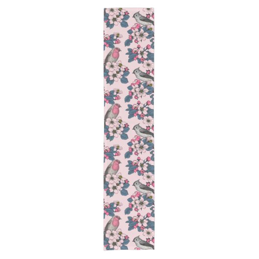 Vogels en bloesems op roze korte tafelloper (Voorkant)