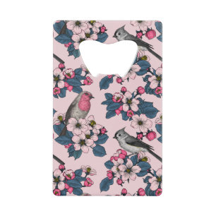 Vogels en bloesems op roze kredietkaart flessenopener