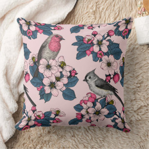 Vogels en bloesems op roze kussen