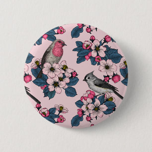 Vogels en bloesems op roze ronde button 5,7 cm