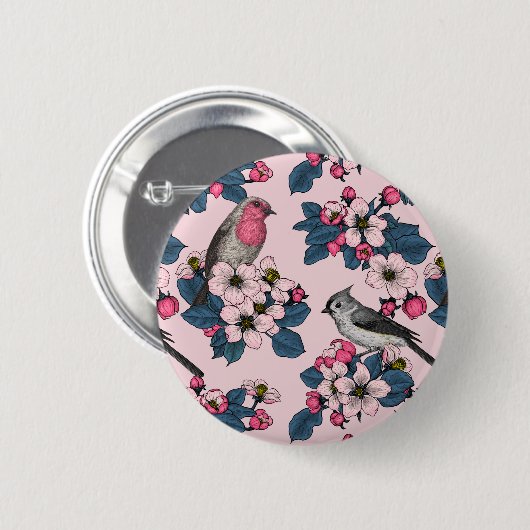 Vogels en bloesems op roze ronde button 5,7 cm (Voorkant /achterkant)