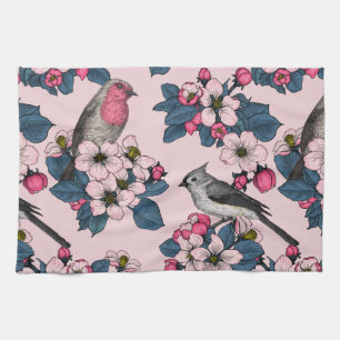 Vogels en bloesems op roze theedoek