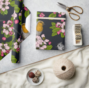 Vogels en bloesems, zwart cadeaupapier