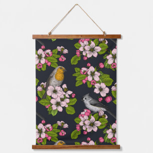 Vogels en bloesems, zwart hangend wandkleed