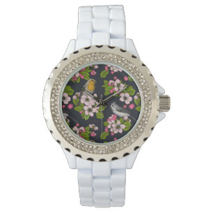 Vogels en bloesems, zwart horloge