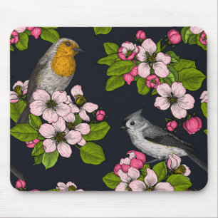 Vogels en bloesems, zwart muismat