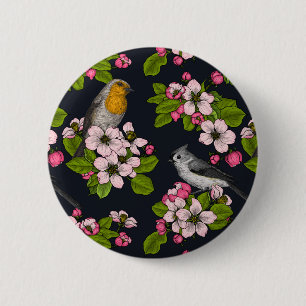 Vogels en bloesems, zwart ronde button 5,7 cm