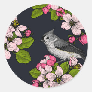 Vogels en bloesems, zwart ronde sticker