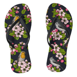 Vogels en bloesems, zwart teenslippers